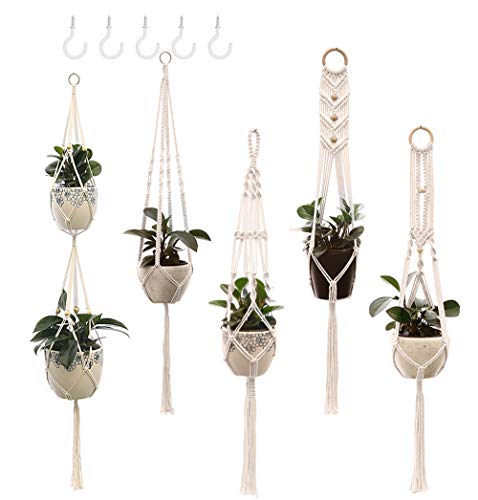 Macrame Plant Hangers Handmade Cotton Rope Flower Pot Holder Boho Theme Indoor Outdoor - Pack of 5 with Ceiling Hooks