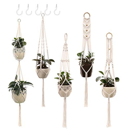 Macrame Plant Hangers Handmade Cotton Rope Flower Pot Holder Boho Theme Indoor Outdoor - Pack of 5 with Ceiling Hooks
