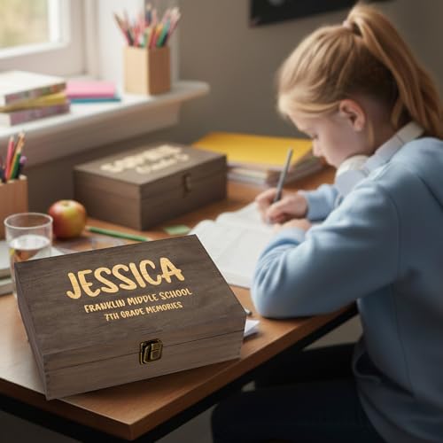 Personalized Name & Grade Wooden Keepsake Box – Custom Engraved Memory Box with Student Name and Class Year, Graduation & School Milestone Gift Storage Chest - style: 18. Kids School Memory Box