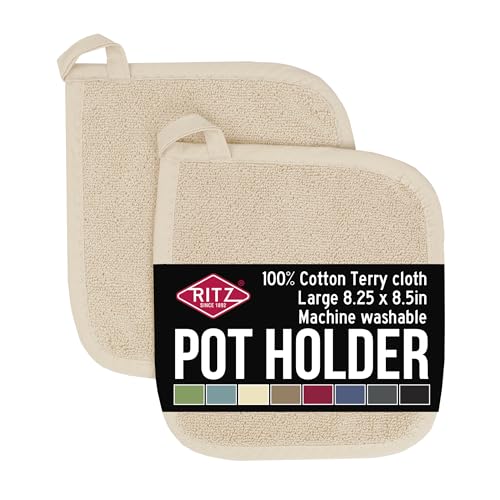 RITZ Terry Potholder & Hot Pad: Unparalleled Heat Resistant, Durable 100% Cotton – Ergonomically Designed for Optimal Grip – Easy-Care Machine Washable – 2-Pack, Latte - color: Latte, size: 2-Pack