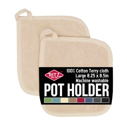 RITZ Terry Potholder & Hot Pad: Unparalleled Heat Resistant, Durable 100% Cotton – Ergonomically Designed for Optimal Grip – Easy-Care Machine Washable – 2-Pack, Latte - color: Latte, size: 2-Pack