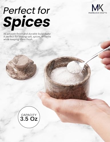 Marble Salt Cellar Oceanic 3" Flaky Salt Dish for Countertop Ideal Spice Box, Candy Bowl, Brown Sugar Jar with Lid and Spoon, Kitchen Storage, Gift for New Home - color: Oceanic