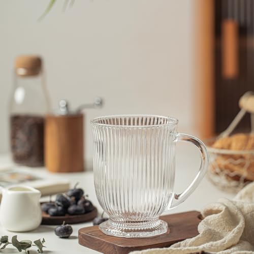KEMORELA 16oz Ribbed Glass Coffee Mugs Set,Large Glass Mugs with Handle | 4-pack,Clear Thick glass,Wide base,Microwaves,Dishwasher safe,For Ice Coffee,Americano,Latte,Tea,Juice,Hot/Cold Beverages - color: Ribbed-4PCS