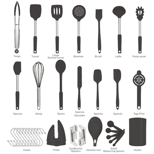 Silicone Kitchen Cooking Utensils Set with Stainless Steel Handle, Spatula Set Utensil Set, Cooking Utensil Set,Kitchen Tools Gadgets for Nonstick Cookware (35, Black) - color: Black