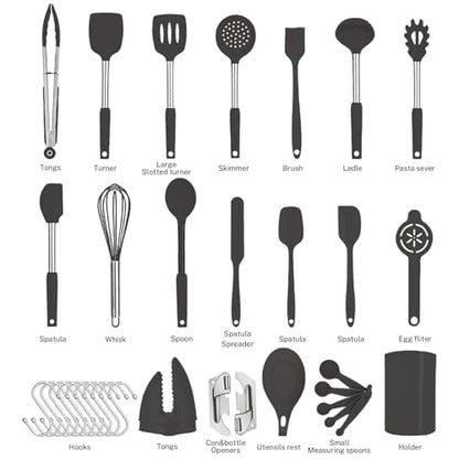 Silicone Kitchen Cooking Utensils Set with Stainless Steel Handle, Spatula Set Utensil Set, Cooking Utensil Set,Kitchen Tools Gadgets for Nonstick Cookware (35, Black) - color: Black