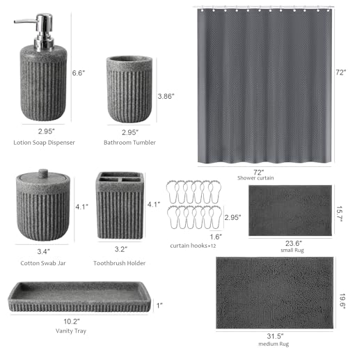 XLHOMO 8-Piece Grey Bathroom Sets with Shower Curtain and Rugs, Resin Bathroom Accessories Sets Complete with Soap Dispenser, Toothbrush Holder, Tumbler & Apothecary Jars Bathroom Essentials - color: Grey, size: Resin Bath Set Complete