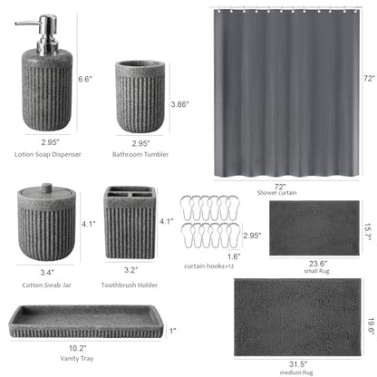 XLHOMO 8-Piece Grey Bathroom Sets with Shower Curtain and Rugs, Resin Bathroom Accessories Sets Complete with Soap Dispenser, Toothbrush Holder, Tumbler & Apothecary Jars Bathroom Essentials - color: Grey, size: Resin Bath Set Complete
