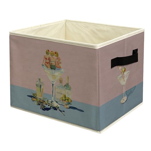 Funny Dirty Martini Bar Storage Basket Bin with Handles, Whimsical Pink and Blue Martini Collapsible Fabric Storage Organizer for Home Bar Cart Pub Lounge - color: colour 18