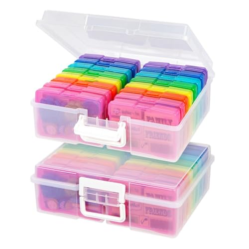 IRIS USA Photo Storage Box |Made in USA| 16 Cases - (2-Pack) - Clear/Multi | Fits 4" x 6" Pictures / Built-In Handle / Organizing Containers for Tasks, Stickers, Ephemera & Flashcards - color: Clear/Multi-Color, size: 16 Cases (4x6), style: Handle Box (2