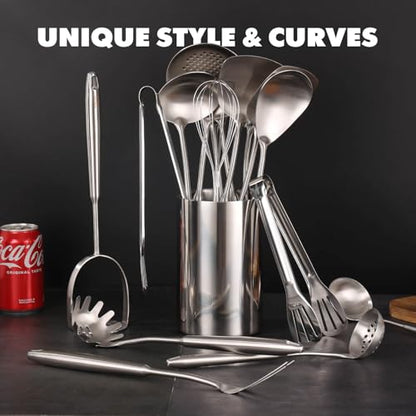 18/10 Stainless Steel Cooking Utensils Set - 16 PCS All Metal Utensils | Kitchen Tools - Whisk, Masher, Fork, Tong, Solid Slotted Spoon, Spatula, Turner, Ladle, Skimmer, Pasta, Small Large Spoon Set - color: 16-Pieces