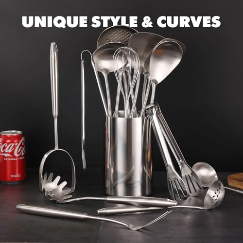 18/10 Stainless Steel Cooking Utensils Set - 16 PCS All Metal Utensils | Kitchen Tools - Whisk, Masher, Fork, Tong, Solid Slotted Spoon, Spatula, Turner, Ladle, Skimmer, Pasta, Small Large Spoon Set - color: 16-Pieces