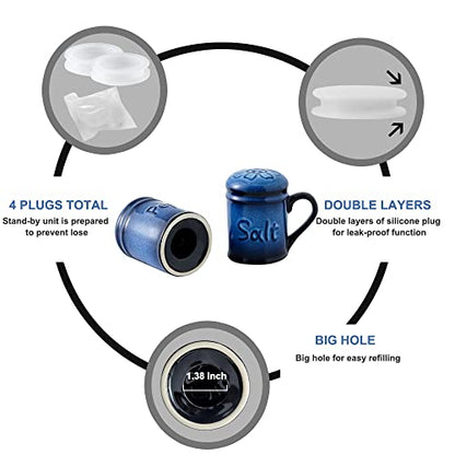 Nihow Ceramic Salt & Pepper Shakers Set with Handle for Kitchen Counter | 2.6 Inch Resist Rusting Seasoning Shaker -Elegant Black & Blue (Set of 2) - size: Shaker with handle