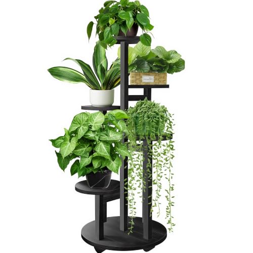 5 Tiered Tall Plant Stand for Indoor | Wood Plant Shelf Corner Display Rack, Multi-tier Planter Pot Holder Flower Stand for Living Room Balcony Garden Patio, Black - color: 5tier-black