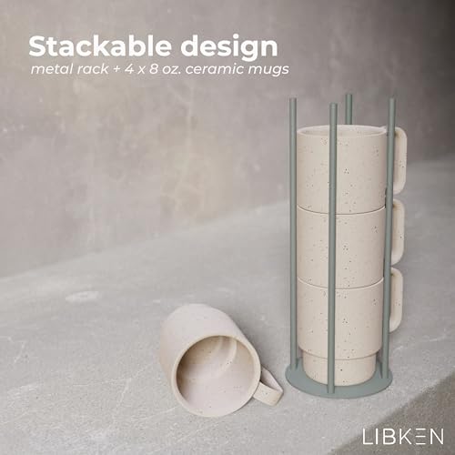 LIBKEN Stackable Coffee Mug Set with Green Stand Rack 4x8oz Ceramic Mugs with Unique Sprinkled Optics - Powder Coated Metal Rack for Space Saving Storage - Dishwasher-Safe - Microwave & Oven Use