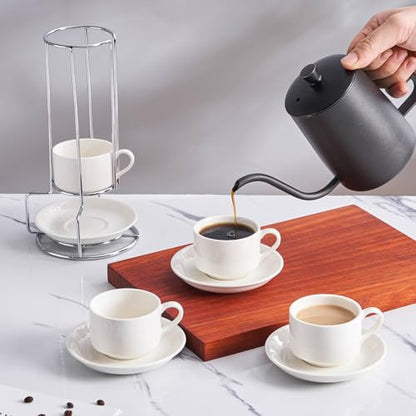 2.5oz Espresso Cups Set of 4, Small Stackable Coffee Cups with Saucers and Metal Stand, Ceramic Demitasse Cups, Cappuccino Cups for Coffee Drinks, Latte, White - color: White, size: 2.5oz