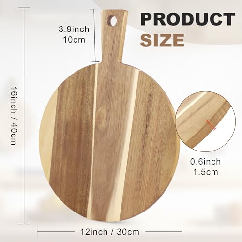 Acacia Round Cutting Boards, 12 Inch Wood Round Cutting Boards with Handle, Acacia Pizza Cutting Board for Bread, Meat