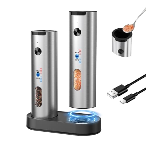 CIRCLE JOY Rechargeable Electric Salt and Pepper Grinder Set, 2-speed Stainless Steel Automatic Pepper Mill Grinder w/Charging Base, Adjustable Coarseness, LED Light, 110ml Large Capacity Top Fill - color: 2-Speed Silver