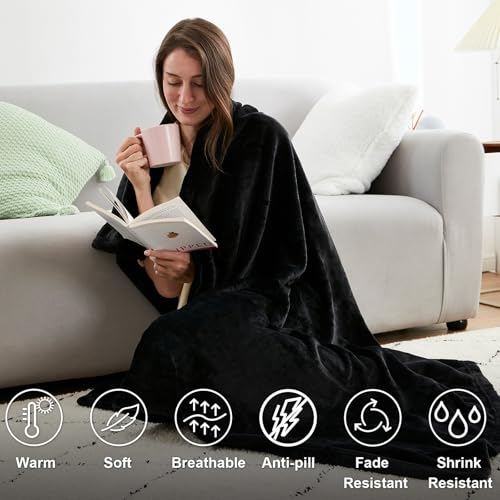 Hansleep Throw XL Black Fleece Blanket, Soft Flannel Bed Blanket | Fuzzy Cozy Blanket 50x70 Inches, Multi-use for Bed, Sofa, Couch, Travel, Camping, All Season Warm Lightweight Cover - color: Black, size: Throw XL (50x70 Inches)
