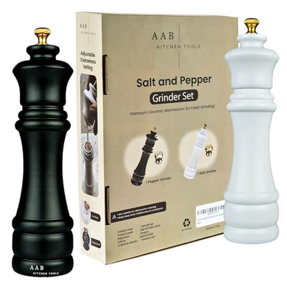 Wooden Black and White Manual Refillable Large Salt and Pepper Grinder Set, Shaker with Adjustable Ceramic Grinding Mechanism for Customized Coarseness, 8 Inches, Pack of 2