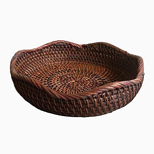 Handmade Rattan Round Fruit Basket Food Storage Bowls Kitchen Organizer Snack Serving Bowl 9 Inch Wavy Edge Circle Tray Basket with 2” Deep Wall, Dark Brown Décor Display Tray Bowl, S - color: S - D8.7 x H2 inch