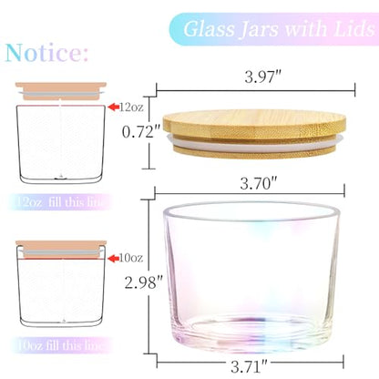 CONNOO 8 Pack 12 oz Iridescent Glass Wide Mouth Candle Jars | For Making Candles, Airtight Bamboo Lids, Sticky Warning Labels, Empty Container Bulk, Dishwasher Safe - color: Iridescent