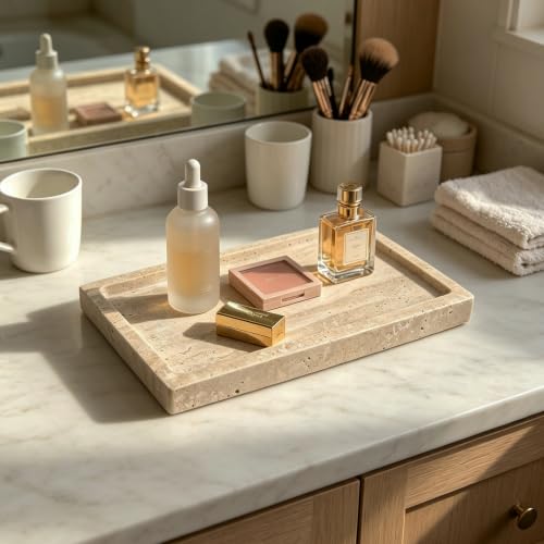 Natural Travertine Stone Perfume Tray, 9.8"x5.9" | Marble Vanity Tray for Bathroom/ Kitchen/ Coffee table - color: Marble Tray-beige Travertine