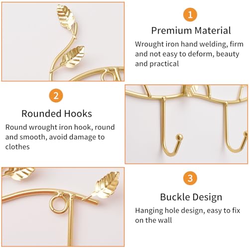MOROBOR Gold Leaf Coat Rack Wall Mount Hooks, 2 Pack Iron Hooks with 4 Hooks Key Hangers for Wall Decor, No Drill Required