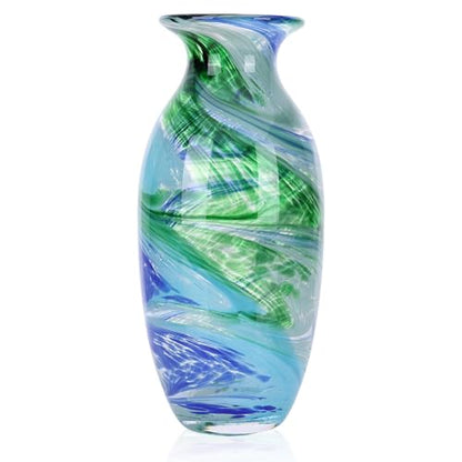 Hand Blown Glass vase, Blue Green Wide Mouth vase, Contemporary Glass Art Suitable for Display on Living Room Dining Tables, in Offices, bathrooms, Coffee Tables and hallways. - color: B-blue Veins