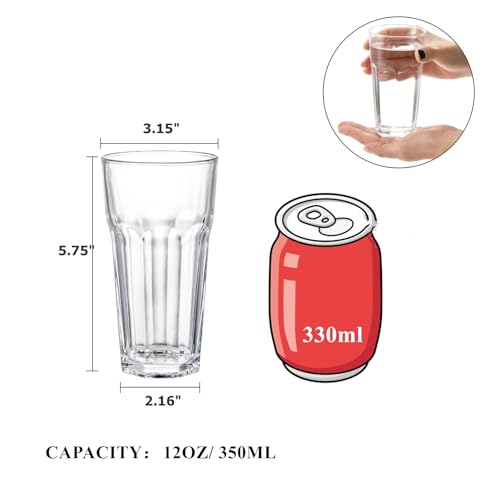 Yopay Set of 8 Highball Drinking Glasses, 12oz Lead-Free Tempered Water Glasses Thick Heavy Base, Clear Iced Hot Tea Glassware for Cocktail, Juice, Milkshake, Soda Beer Tumbler Cup (Pack of 2) - size: 12 oz (Pack of 2)