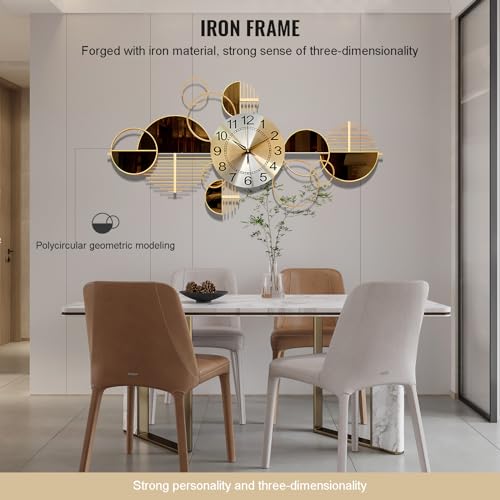 Metal Wall Clock Decorative 3D Metal Wall Art Clock for Living Room Bedroom Creative Modern Big Wall Clock Decor with Silent No-Ticking 34 X 17.7 inch