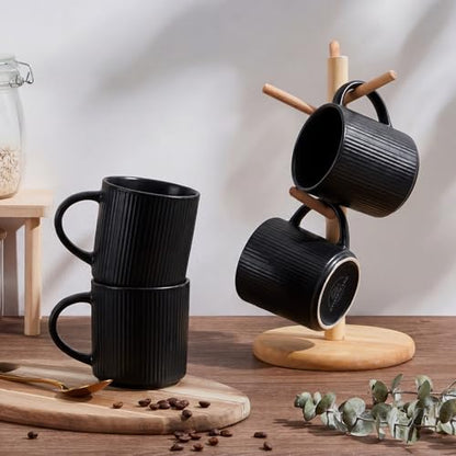 E-far Coffee Mugs Set of 4, 12 oz Stoneware Coffee Cups with Handle for Latte, Tea, Cocoa, Milk, Modern Ribbed Ceramic Mugs for Man Woman, Microwave & Dishwasher Safe, Matte Black - color: Matte Black