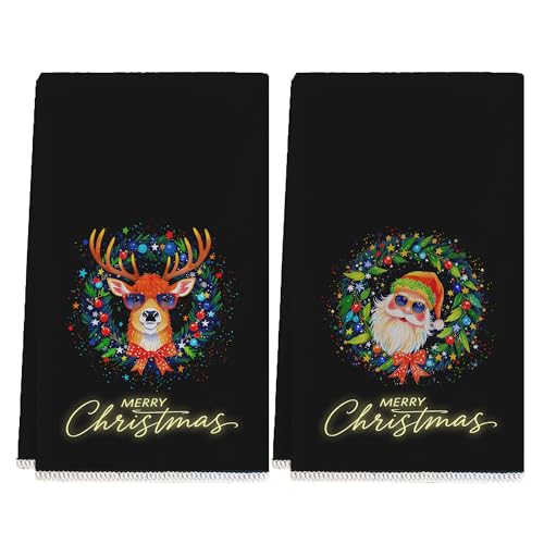 Black Santa Reindeer with Sunglasses Merry Christmas Kitchen Towels Dish Towels, 17x27 Inch Daily Seasonal Winter Decoration Funny & Cool Hand Towels Set of 2,Farmhouse Decor in Home - color: Black