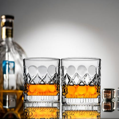 PARACITY Whiskey Glasses Set of 2, Old Fashioned Rocks Cocktail Glasses | Carved pattern and circular indents offer easy grip for ice balls, bourbon, Scotch, cocktails, bars, parties, or home use.