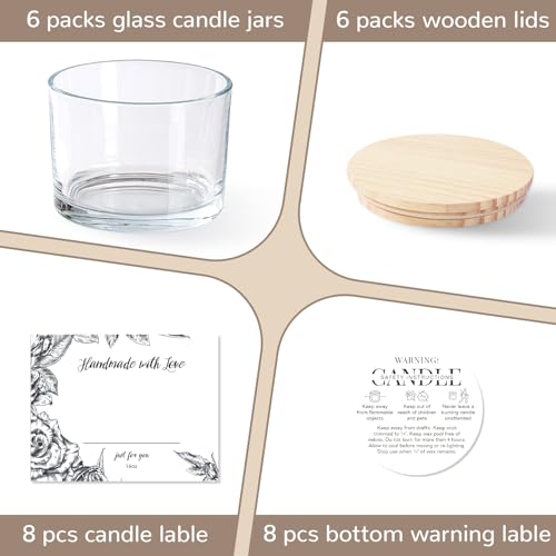 6 Pack Glass Candle Jars with Lids (16oz, Clear) - Large Candle Jars for 3 Wick Candles Making - Empty Candle Jars Containers - Candle Making Supplies Accessories include 16Pcs Candle Labels - color: Clear
