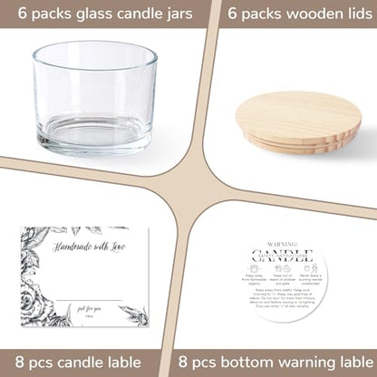 6 Pack Glass Candle Jars with Lids (16oz, Clear) - Large Candle Jars for 3 Wick Candles Making - Empty Candle Jars Containers - Candle Making Supplies Accessories include 16Pcs Candle Labels - color: Clear