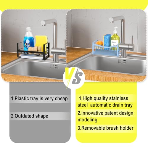 Stainless Steel Kitchen Sink Caddy Organizer with Auto Drain Tray, Sponge Holder for Countertop Storage - color: Light Blue