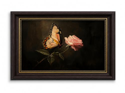 Vintage Framed Butterfly and Rose Wall Art, Moody Floral Nature Wall Decor | Antique Pink Flower Canvas print, Romantic Botanical Picture, Dark Academia Insect Artwork for Living Room Bedroom - color: Butterfly, size: 11"L x 9"W