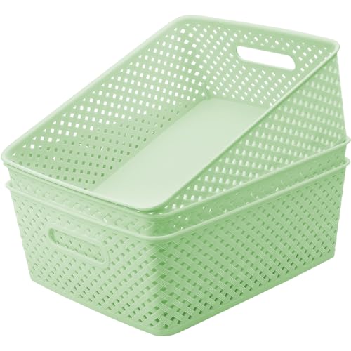 MaxGear 3 Pack Plastic Storage Baskets, Large, Green | Durable Woven Plastic with Built-In Handles, Suitable for Shelves, Closets, Cabinets, Bathrooms and Offices - color: Green, size: Large
