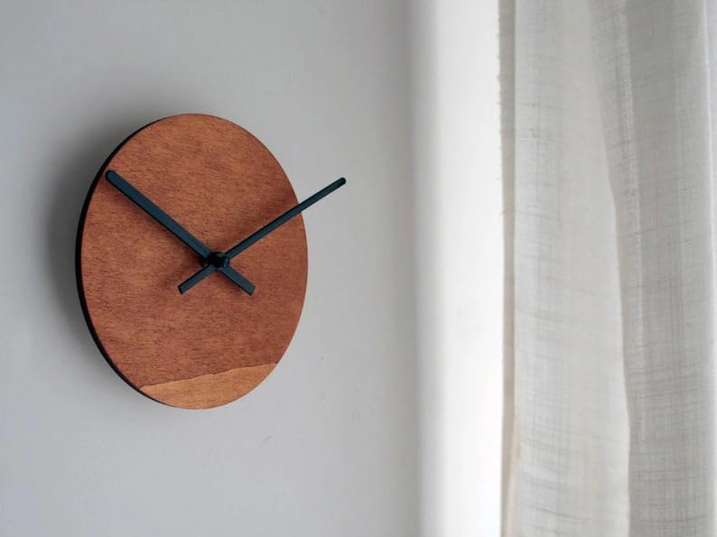 Modern Wood Wall Clock, Minimalist Round Silent Wall Clock, Natural Brown Wooden Clock with Black Hands for Living Room Bedroom Office Decor, 12 Inch
