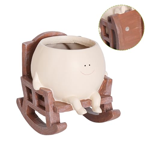Smily Face Planter Pot Cute Resin Flower Head Planters for Indoor Outdoor Plants Unique Sitting Rocking Chairs Succulent Pots for String of Pearls Plant Live Gift Ideals with Drainage Hole - size: Large