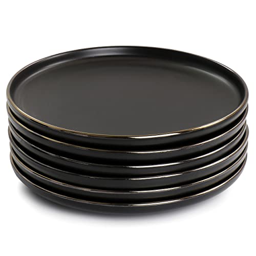 Elama Paul 6 Piece Stoneware Salad Plate Set in Matt Black with Gold Rim (Arthur Paul Salad) - color: Matte Black, size: 6 Piece Set