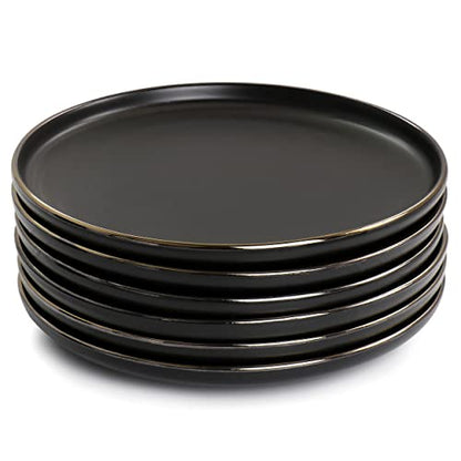 Elama Paul 6 Piece Stoneware Salad Plate Set in Matt Black with Gold Rim (Arthur Paul Salad) - color: Matte Black, size: 6 Piece Set
