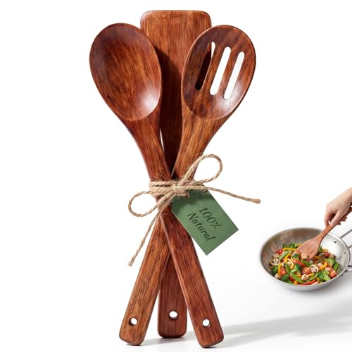 HANSGO Wooden Spoons for Cooking, 3PCS Kitchen Utensils Set for Nonstick Pans, 12Inch Wooden Spatula for Stirring Frying Mixing, Sturdy & Smooth Edges, Kitchen Gifts for Women, Cooking Gifts for Men