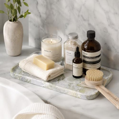 Marble Vanity Tray,14" Large Stone Bathroom Tray Countertop,Deep Green | Unique Texture - color: Deep Bianco Palomino