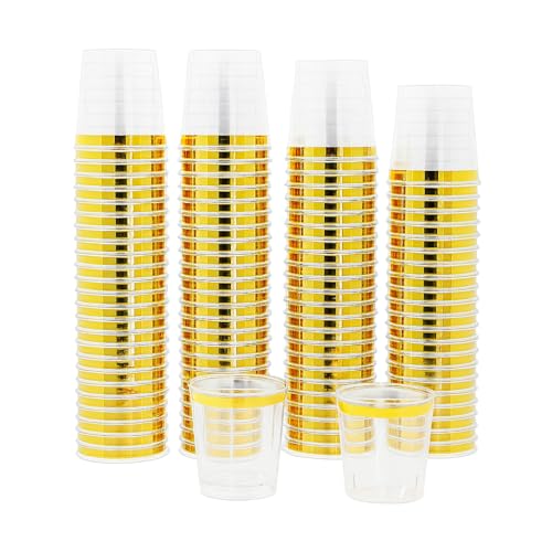 Mandala Crafts Disposable Clear Gold Rim 1oz Plastic Shot Glasses | Recyclable, Bulk 120 PCs Clear Mini Cups for Parties, Whiskey & Wine Tastings, Condiments, Desserts, Samples & Crafts - color: Gold Rim, size: 1 Ounces