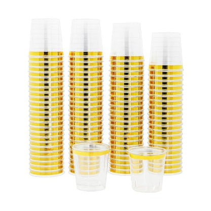 Mandala Crafts Disposable Clear Gold Rim 1oz Plastic Shot Glasses | Recyclable, Bulk 120 PCs Clear Mini Cups for Parties, Whiskey & Wine Tastings, Condiments, Desserts, Samples & Crafts - color: Gold Rim, size: 1 Ounces