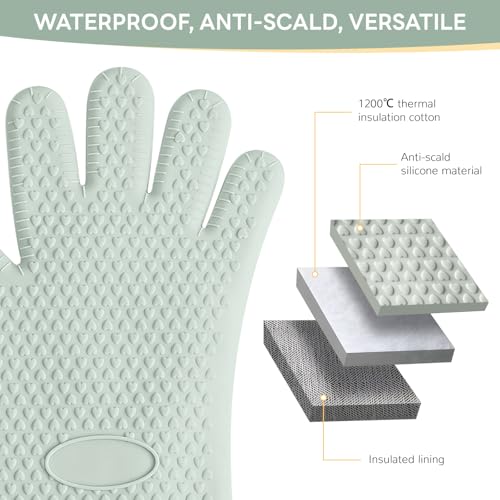 1 Pair Oven Mitts, Heat Resistant Protective Oven Gloves, Cotton Lined Silicone Kitchen Mitts Pair, Nonslip Silicone Cooking Gloves with Fingers (Mint Green) - color: Mint Green