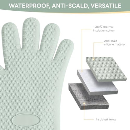 1 Pair Oven Mitts, Heat Resistant Protective Oven Gloves, Cotton Lined Silicone Kitchen Mitts Pair, Nonslip Silicone Cooking Gloves with Fingers (Mint Green) - color: Mint Green