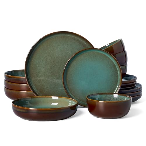 Famiware Milkyway 16-Piece Stoneware Plates and Bowls, Moss Green & Cocoa | Dinnerware Set with Pasta Bowls for 4, Handmade Reactive Glaze Dish Set, Microwave/Dishwasher Safe, Chip/Scratch Resistant - color: Moss Green & Cocoa, size: Service for 4 (Includ