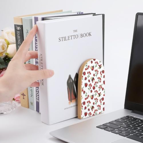 Wooden Book Ends with Metal Base Bookends Supports for Shelves, Ladybug | Cute Red Flower Green Leaves, Non-Slip Book Stoppers for Magazines, Books, DVDs, Small, 1 Pair - color: Style(513)